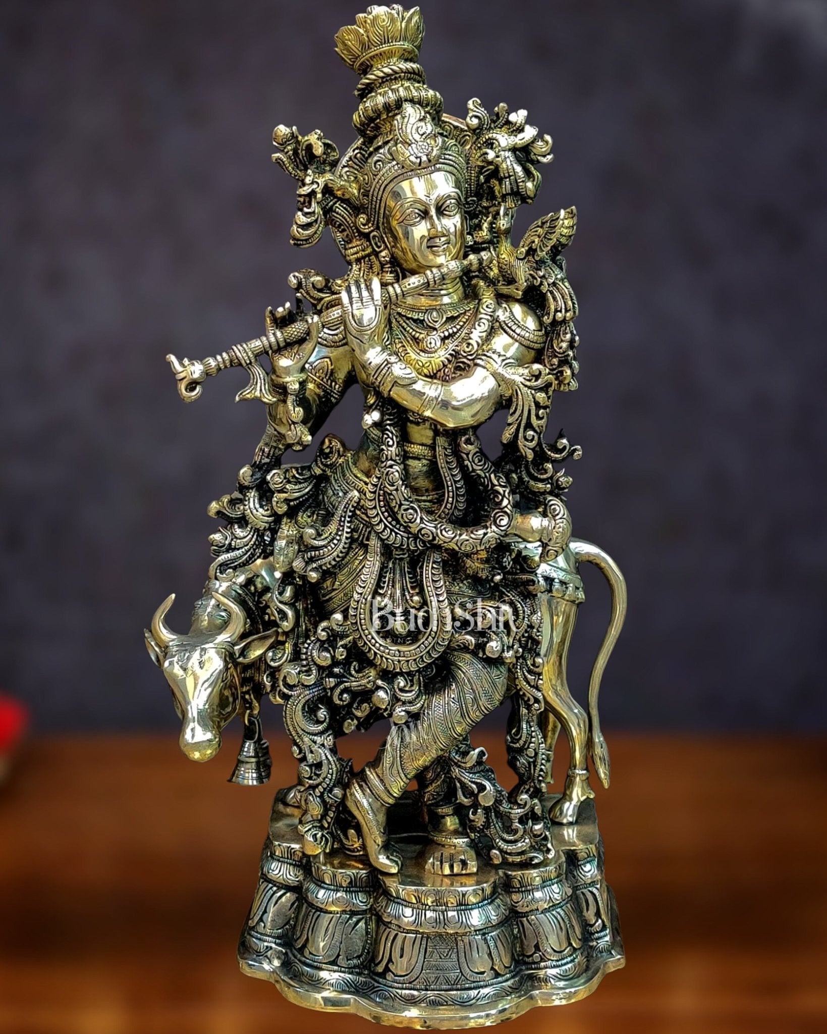 Brass Krishna with cow statue 26" - Budhshiv.com