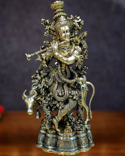 Brass Krishna with cow statue 26" - Budhshiv.com