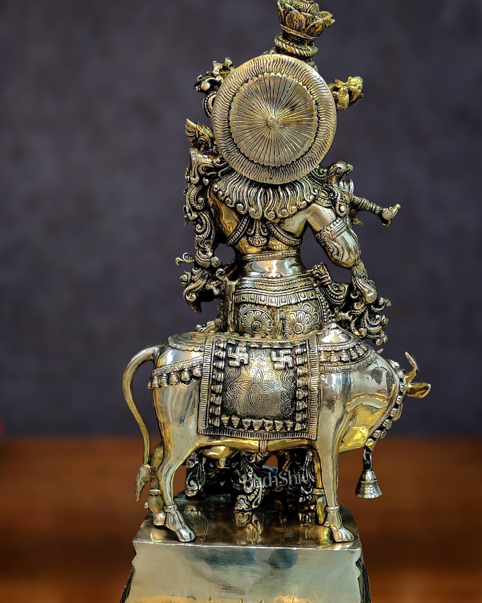 Brass Krishna with cow statue 26" - Budhshiv.com