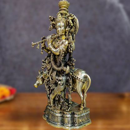 Brass Krishna with cow statue 26" - Budhshiv.com