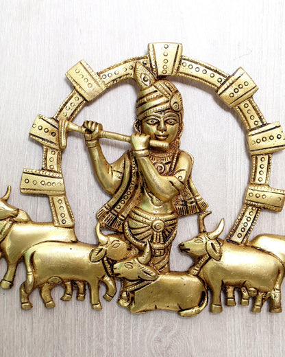 Brass Krishna with Cows Wall Hanging 11.5 inch - Budhshiv.com