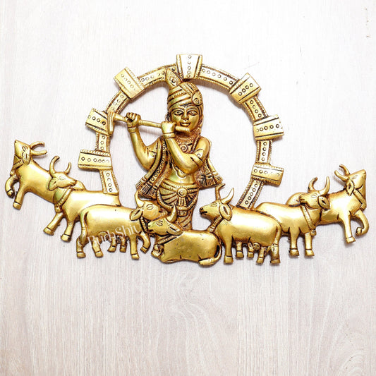 Brass Krishna with Cows Wall Hanging 11.5 inch - Budhshiv.com