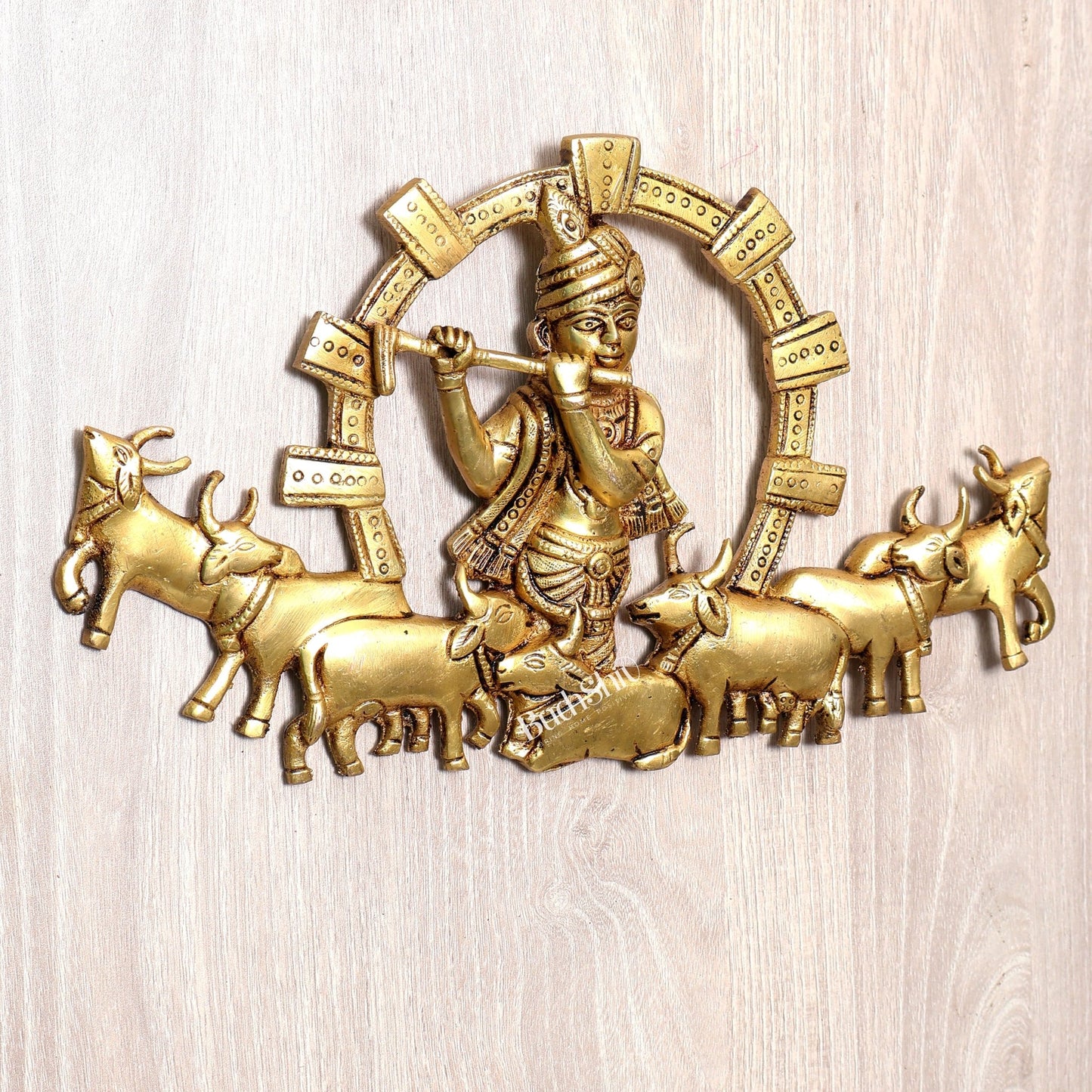 Brass Krishna with Cows Wall Hanging 11.5 inch - Budhshiv.com