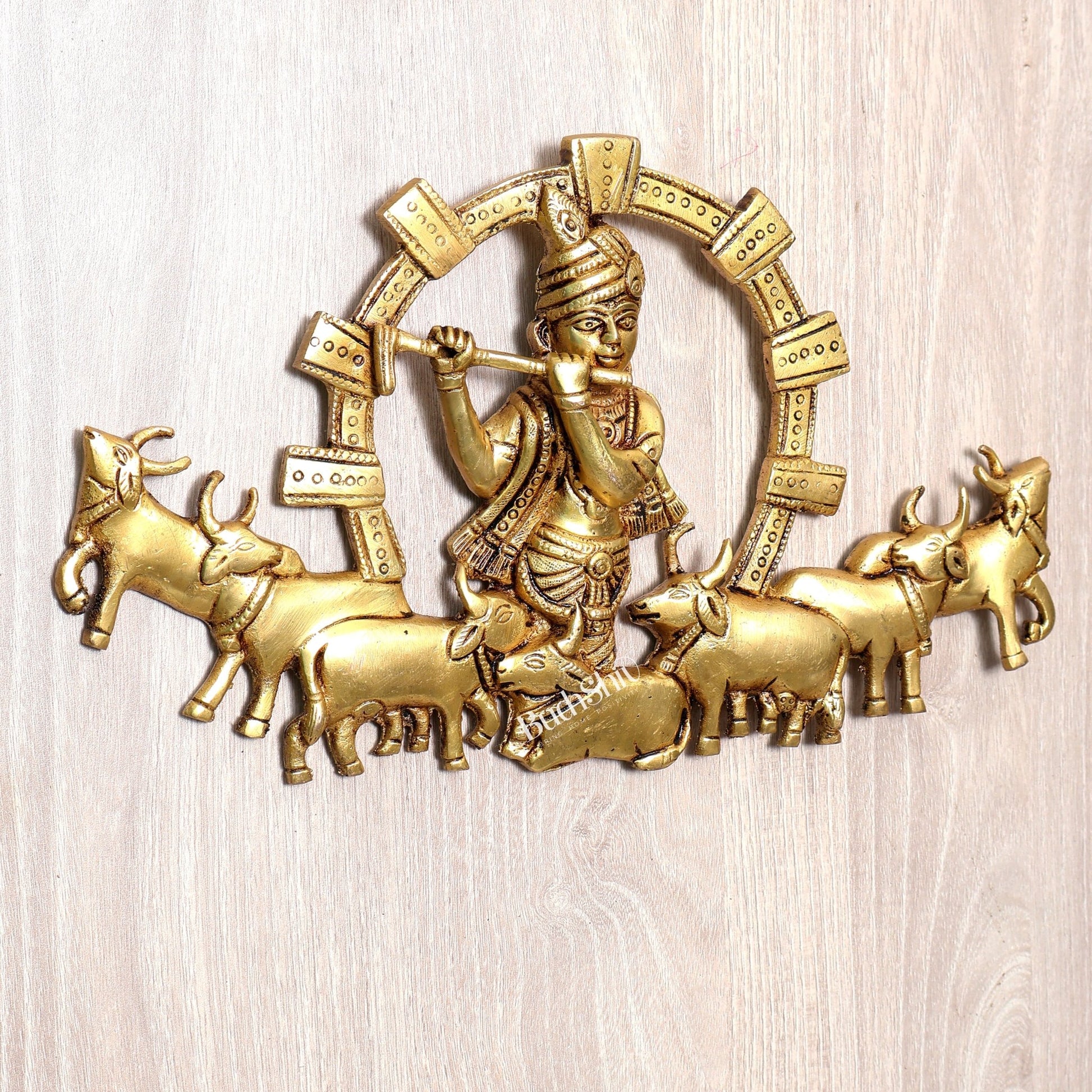 Brass Krishna with Cows Wall Hanging 11.5 inch - Budhshiv.com