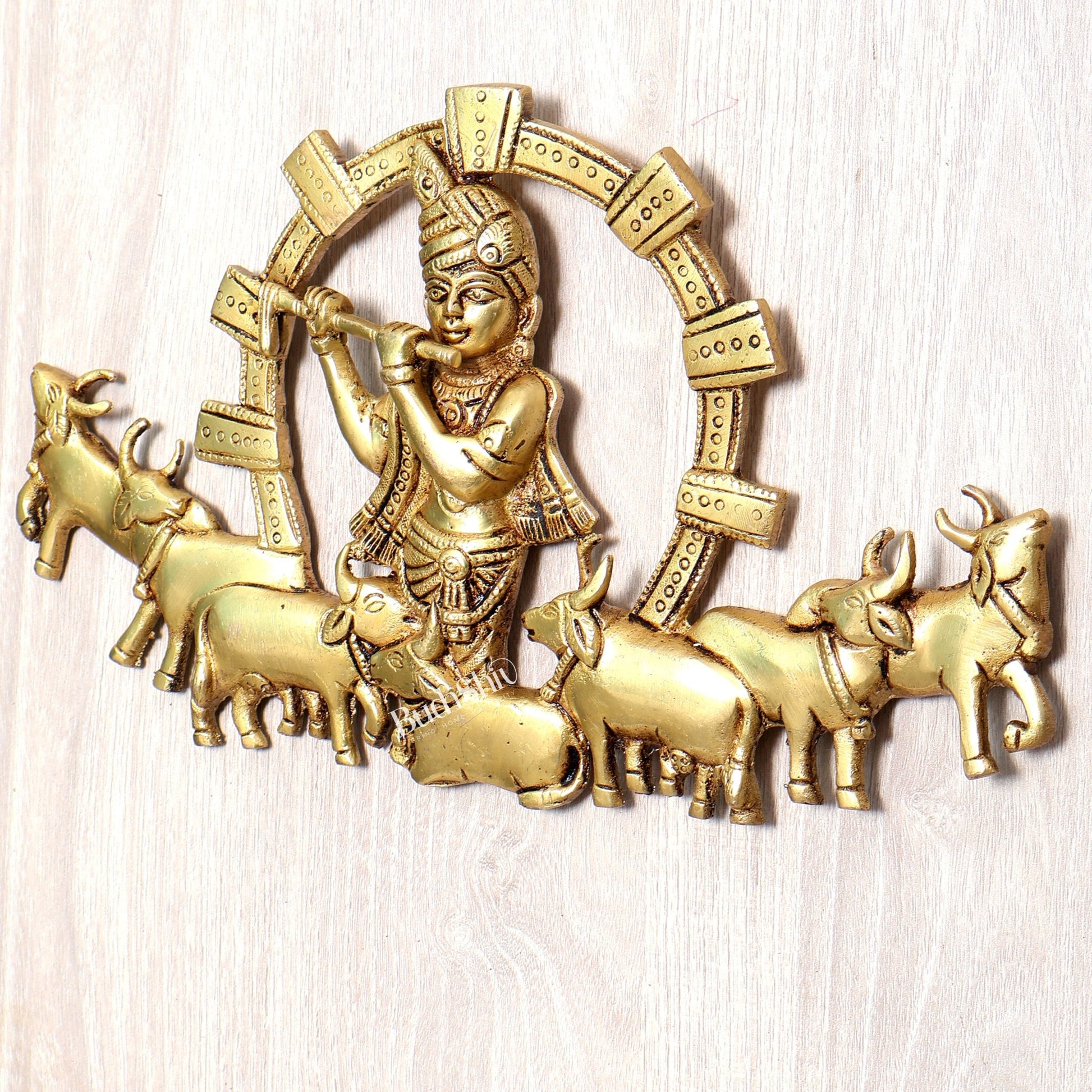 Brass Krishna with Cows Wall Hanging 11.5 inch - Budhshiv.com