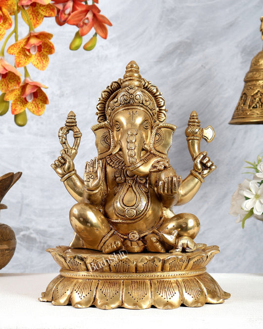 Brass Lakshmi Ganesha Idol Pair on Lotus – Highly Detailed Divine Set (12 Inches Each) - Budhshiv.com