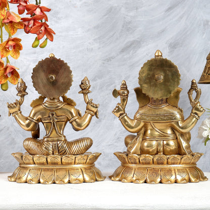 Brass Lakshmi Ganesha Idol Pair on Lotus – Highly Detailed Divine Set (12 Inches Each) - Budhshiv.com