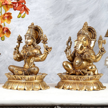 Brass Lakshmi Ganesha Idol Pair on Lotus – Highly Detailed Divine Set (12 Inches Each) - Budhshiv.com