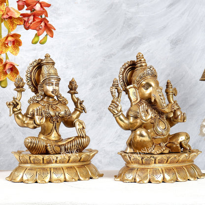 Brass Lakshmi Ganesha Idol Pair on Lotus – Highly Detailed Divine Set (12 Inches Each) - Budhshiv.com