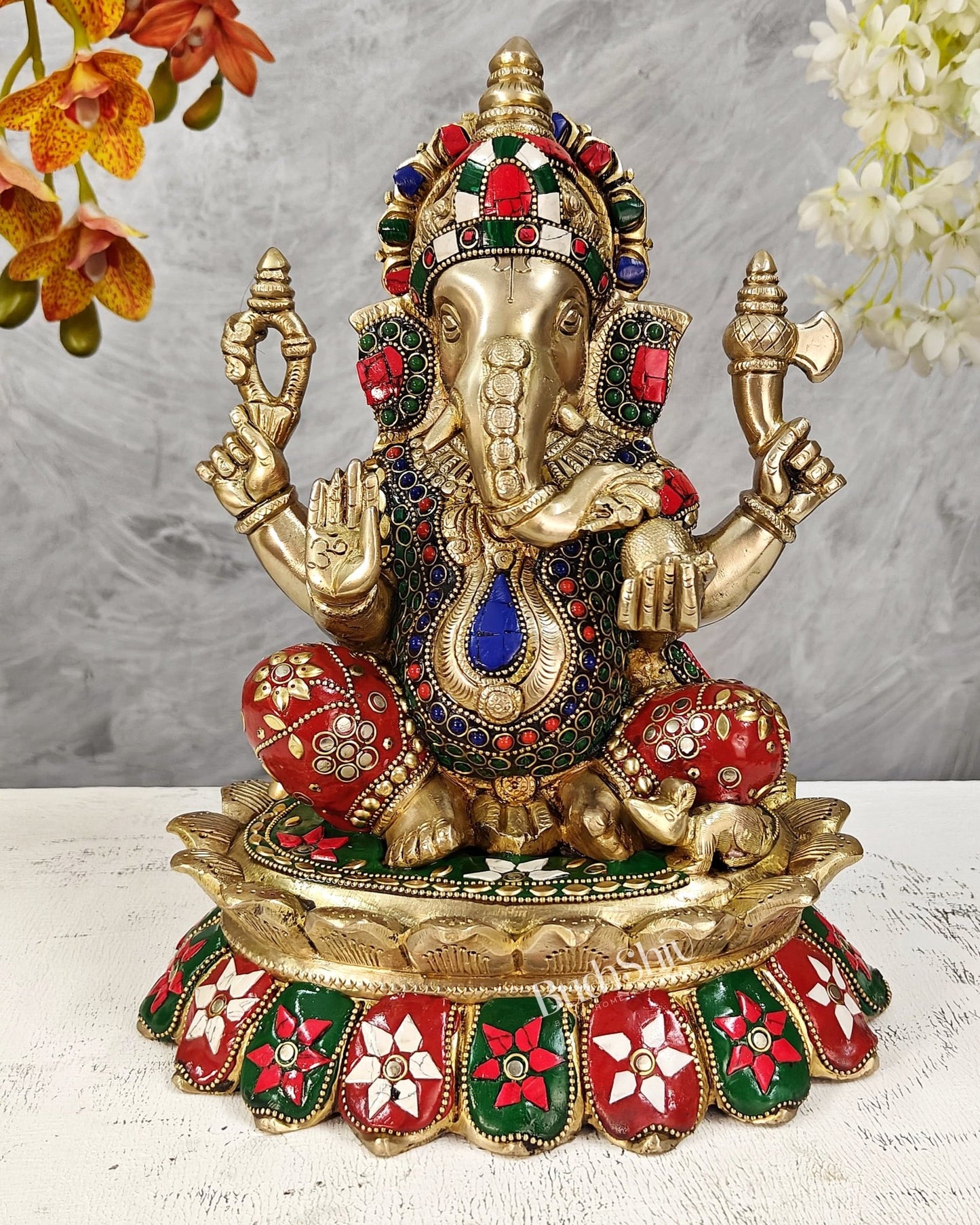 Brass Lakshmi Ganesha Idol Pair on Lotus – Highly Detailed Divine Set (12 Inches) with stonework - Budhshiv.com