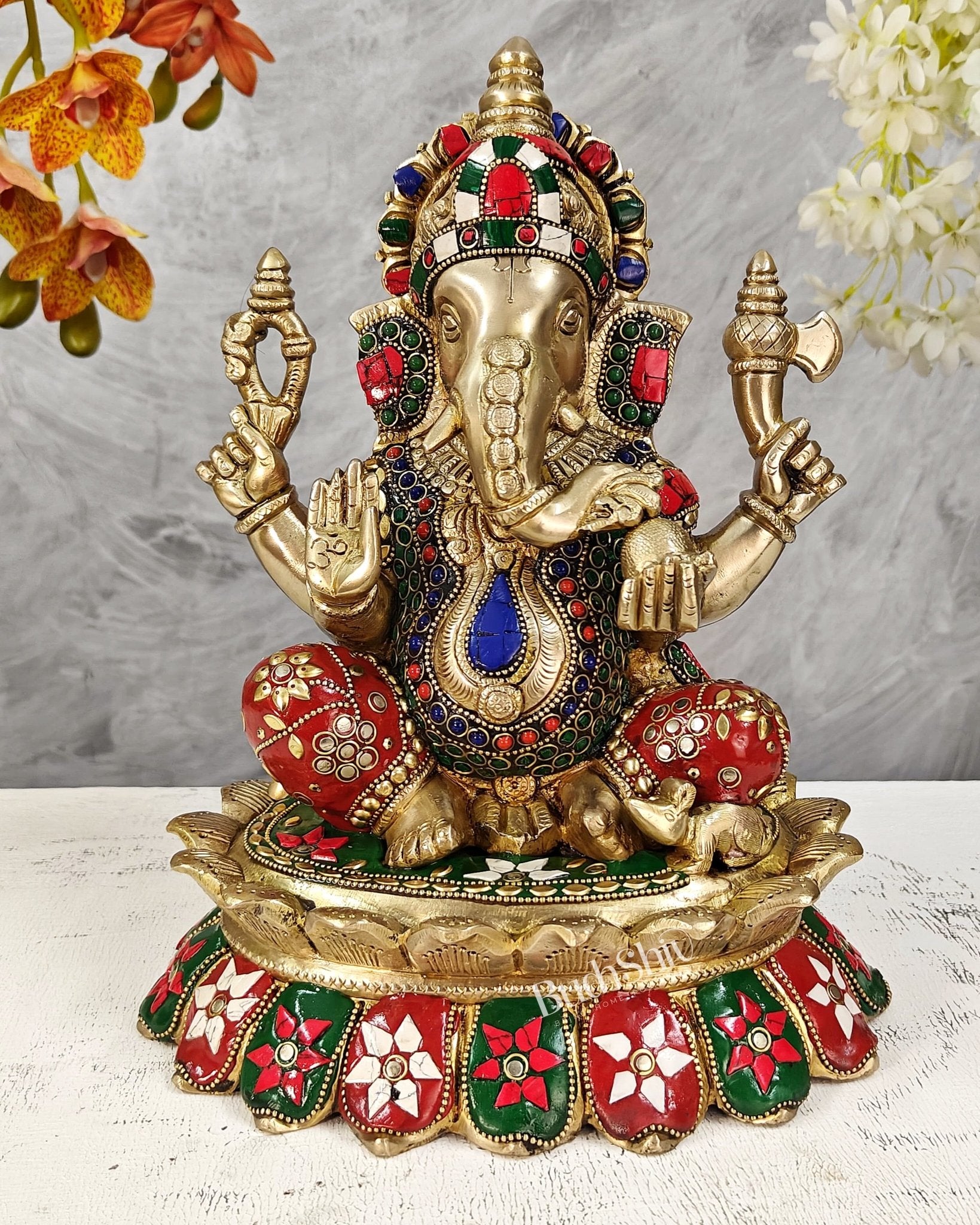 Brass Lakshmi Ganesha Idol Pair on Lotus – Highly Detailed Divine Set (12 Inches) with stonework - Budhshiv.com