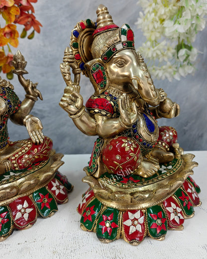 Brass Lakshmi Ganesha Idol Pair on Lotus – Highly Detailed Divine Set (12 Inches) with stonework - Budhshiv.com