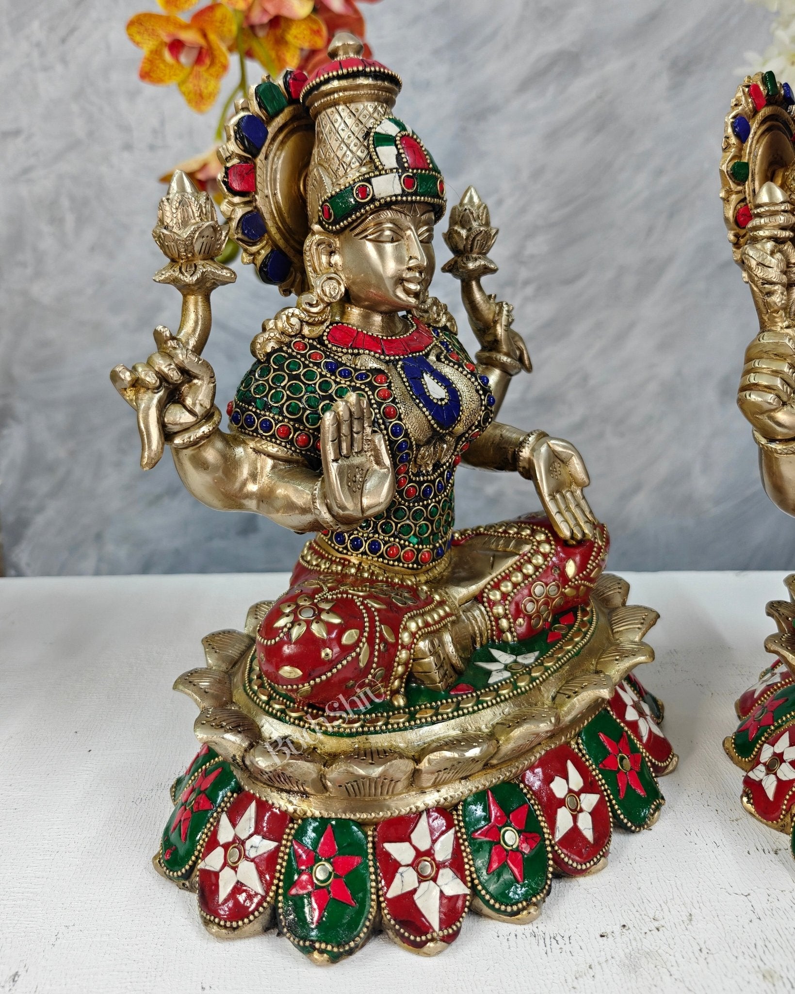 Brass Lakshmi Ganesha Idol Pair on Lotus – Highly Detailed Divine Set (12 Inches) with stonework - Budhshiv.com