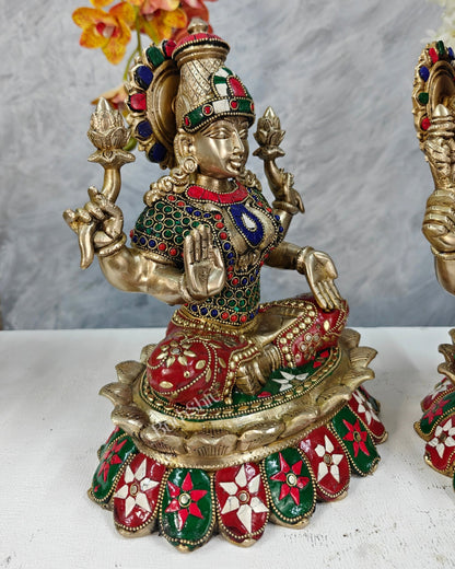 Brass Lakshmi Ganesha Idol Pair on Lotus – Highly Detailed Divine Set (12 Inches) with stonework - Budhshiv.com