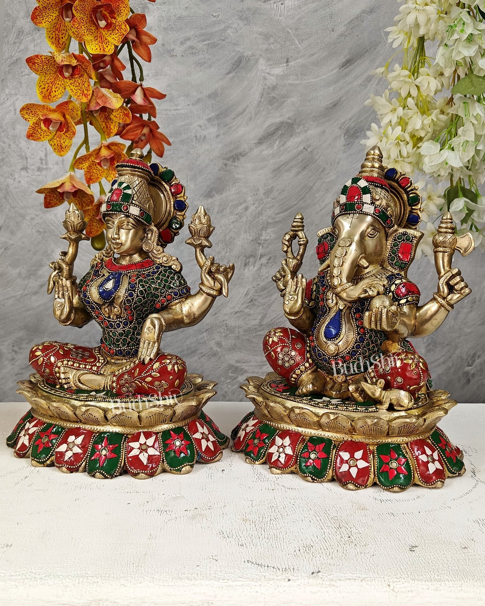 Brass Lakshmi Ganesha Idol Pair on Lotus – Highly Detailed Divine Set (12 Inches) with stonework - Budhshiv.com