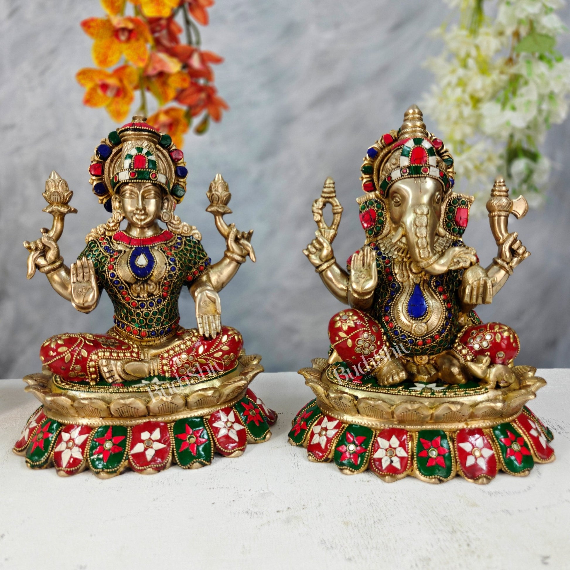 Brass Lakshmi Ganesha Idol Pair on Lotus – Highly Detailed Divine Set (12 Inches) with stonework - Budhshiv.com