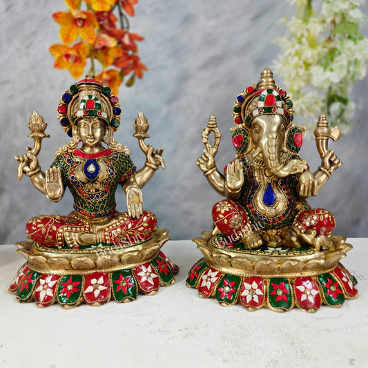 Brass Lakshmi Ganesha Idol Pair on Lotus – Highly Detailed Divine Set (12 Inches) with stonework - Budhshiv.com