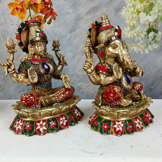 Brass Lakshmi Ganesha Idol Pair on Lotus – Highly Detailed Divine Set (12 Inches) with stonework - Budhshiv.com