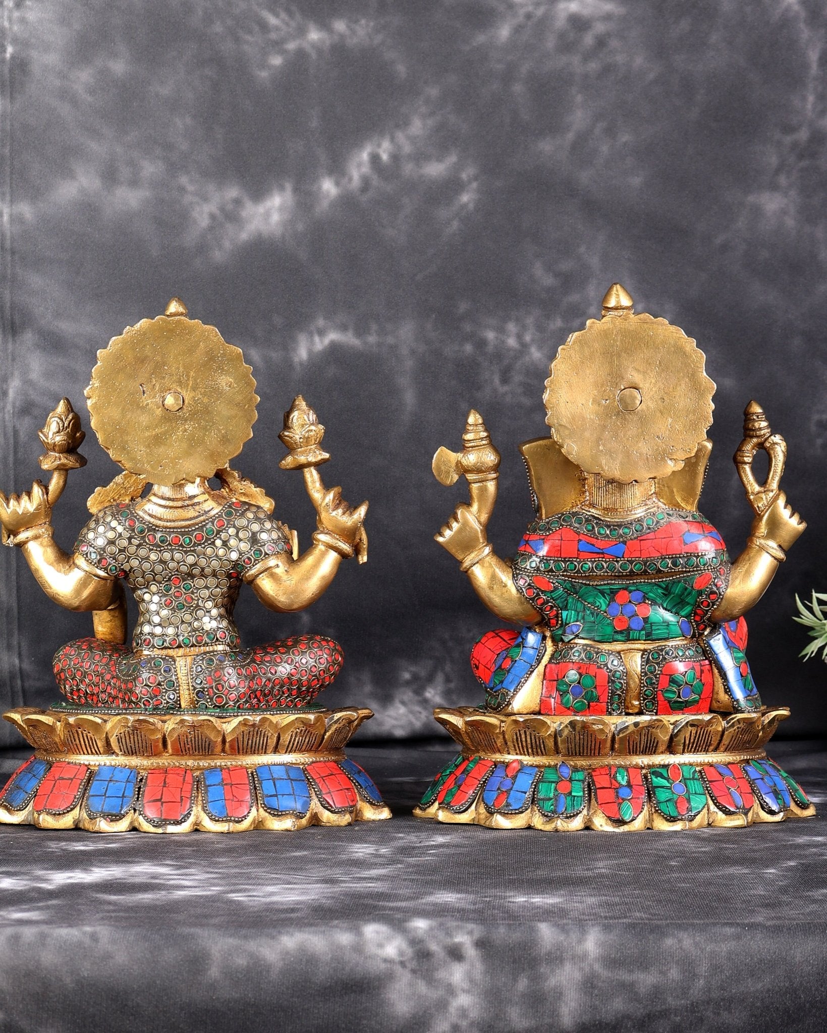 Brass Lakshmi Ganesha Idol Pair on Lotus Set (12 Inches) with stonework - Budhshiv.com