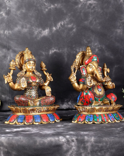 Brass Lakshmi Ganesha Idol Pair on Lotus Set (12 Inches) with stonework - Budhshiv.com