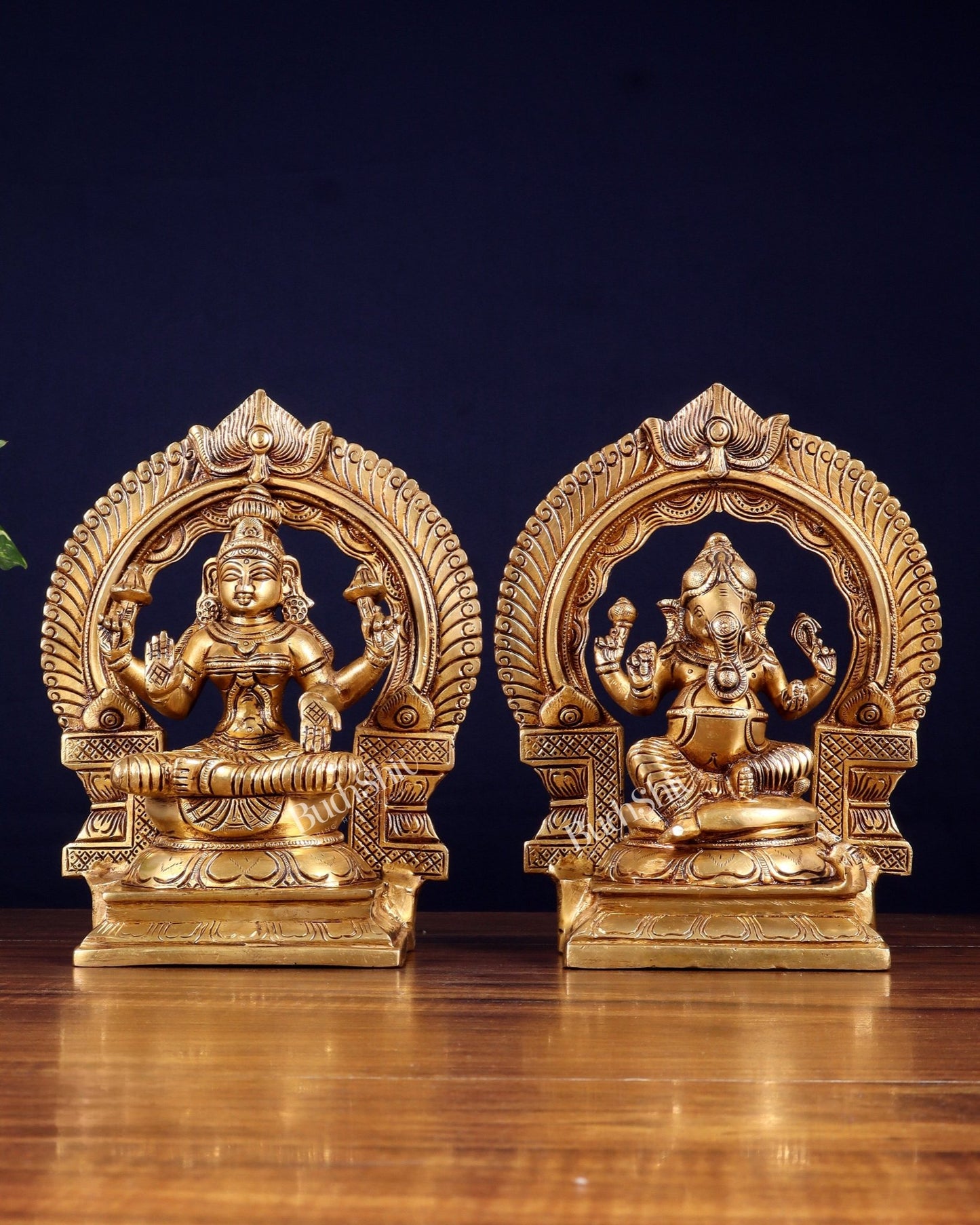 Brass Lakshmi Ganesha Idol Set with Prabhavali – Divine Arch Pair (8.5 Inches Each) - Budhshiv.com