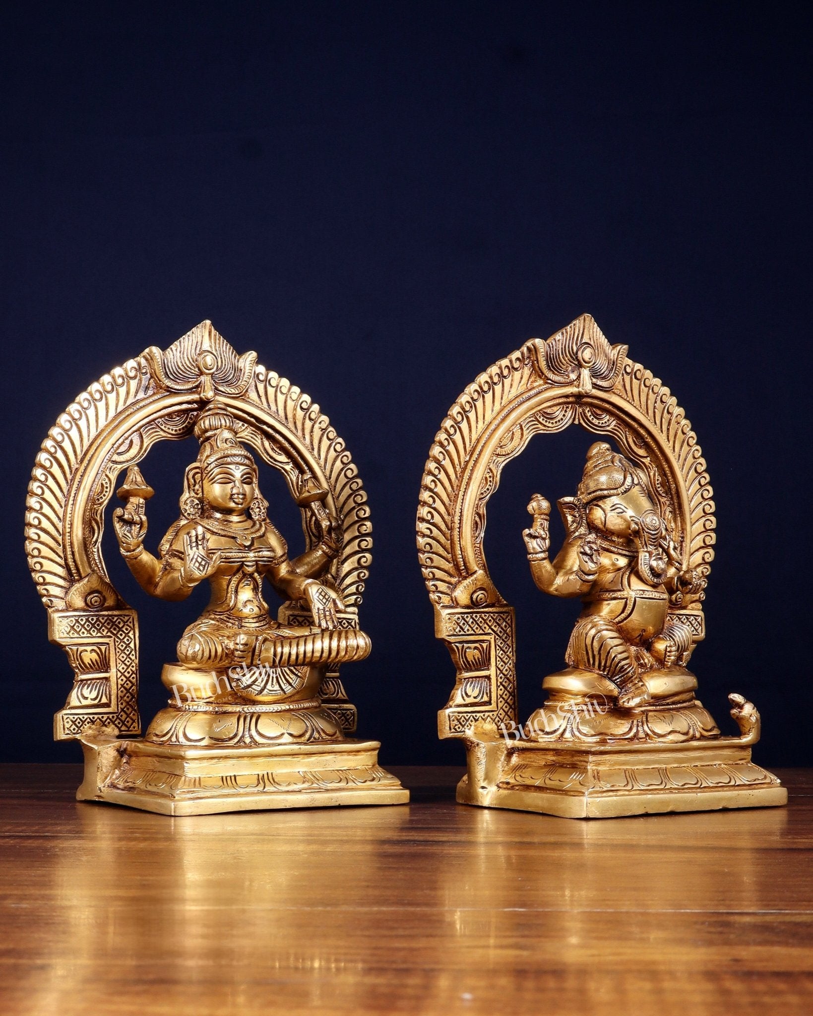Brass Lakshmi Ganesha Idol Set with Prabhavali – Divine Arch Pair (8.5 Inches Each) - Budhshiv.com