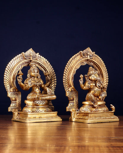 Brass Lakshmi Ganesha Idol Set with Prabhavali – Divine Arch Pair (8.5 Inches Each) - Budhshiv.com