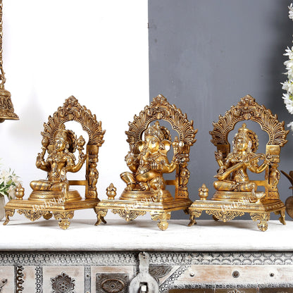 Brass Lakshmi Ganesha Saraswati Set with Prabhavali – Handcrafted Divine Temple Idol Set 14 inch - Budhshiv.com