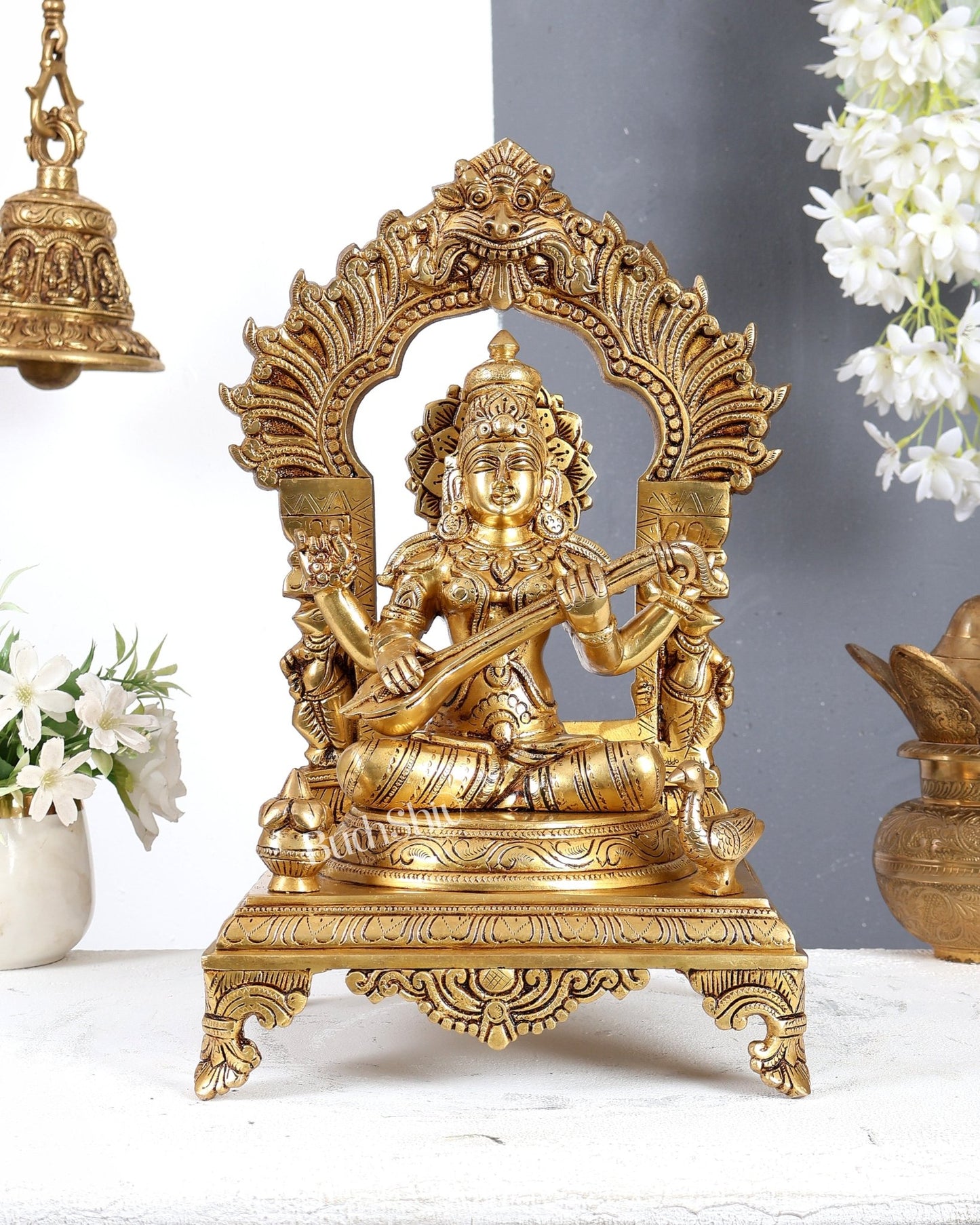 Brass Lakshmi Ganesha Saraswati Set with Prabhavali – Handcrafted Divine Temple Idol Set 14 inch - Budhshiv.com