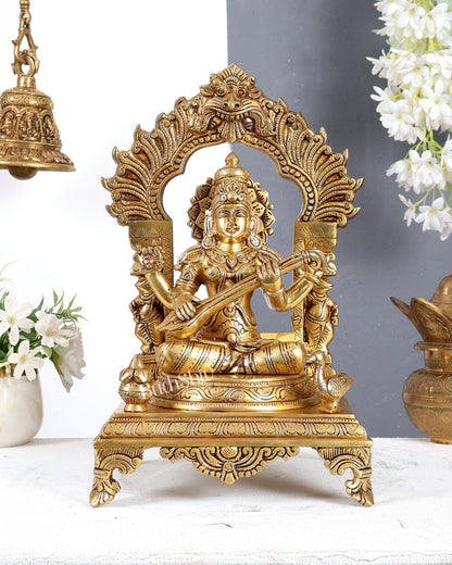 Brass Lakshmi Ganesha Saraswati Set with Prabhavali – Handcrafted Divine Temple Idol Set 14 inch - Budhshiv.com
