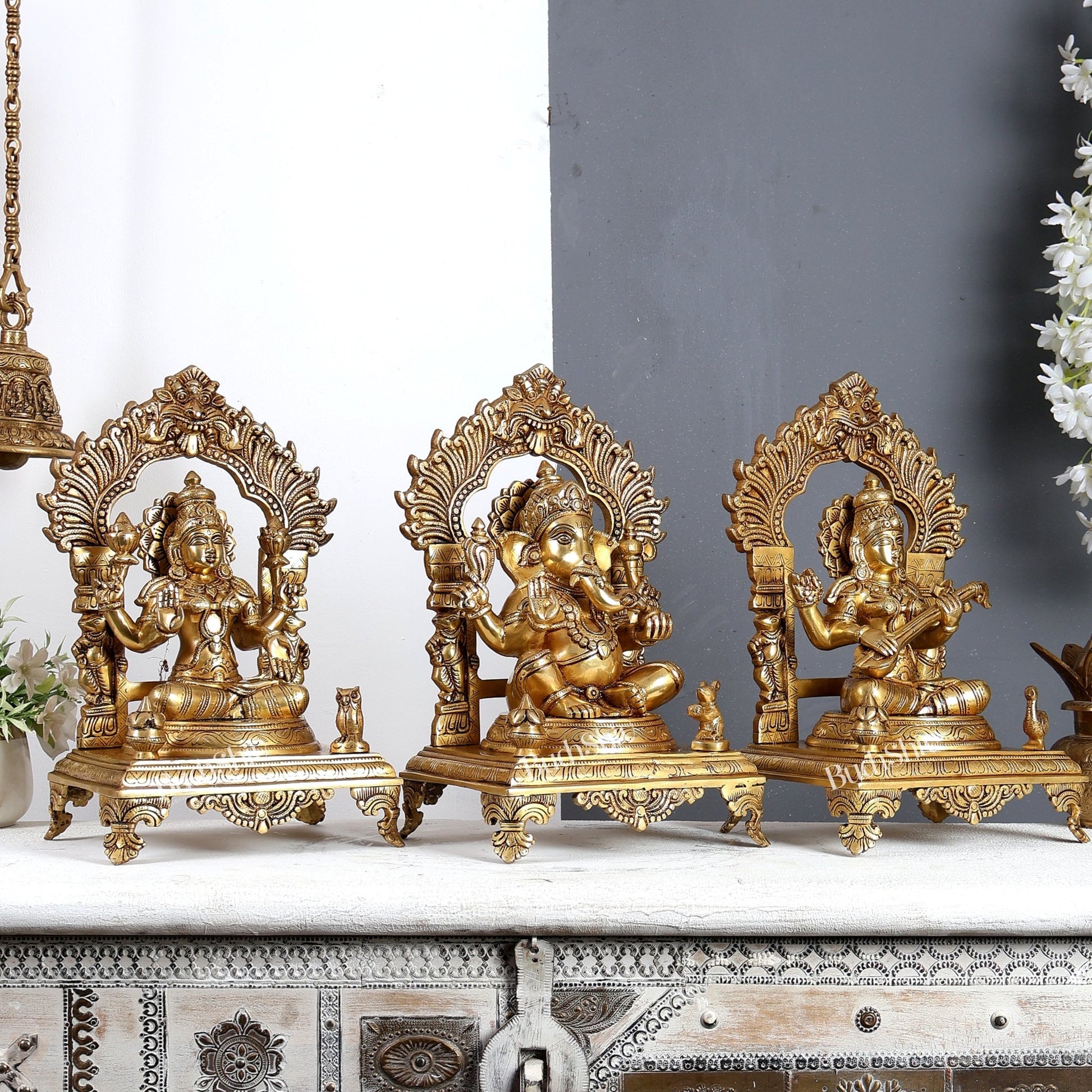 Brass Lakshmi Ganesha Saraswati Set with Prabhavali – Handcrafted Divine Temple Idol Set 14 inch - Budhshiv.com