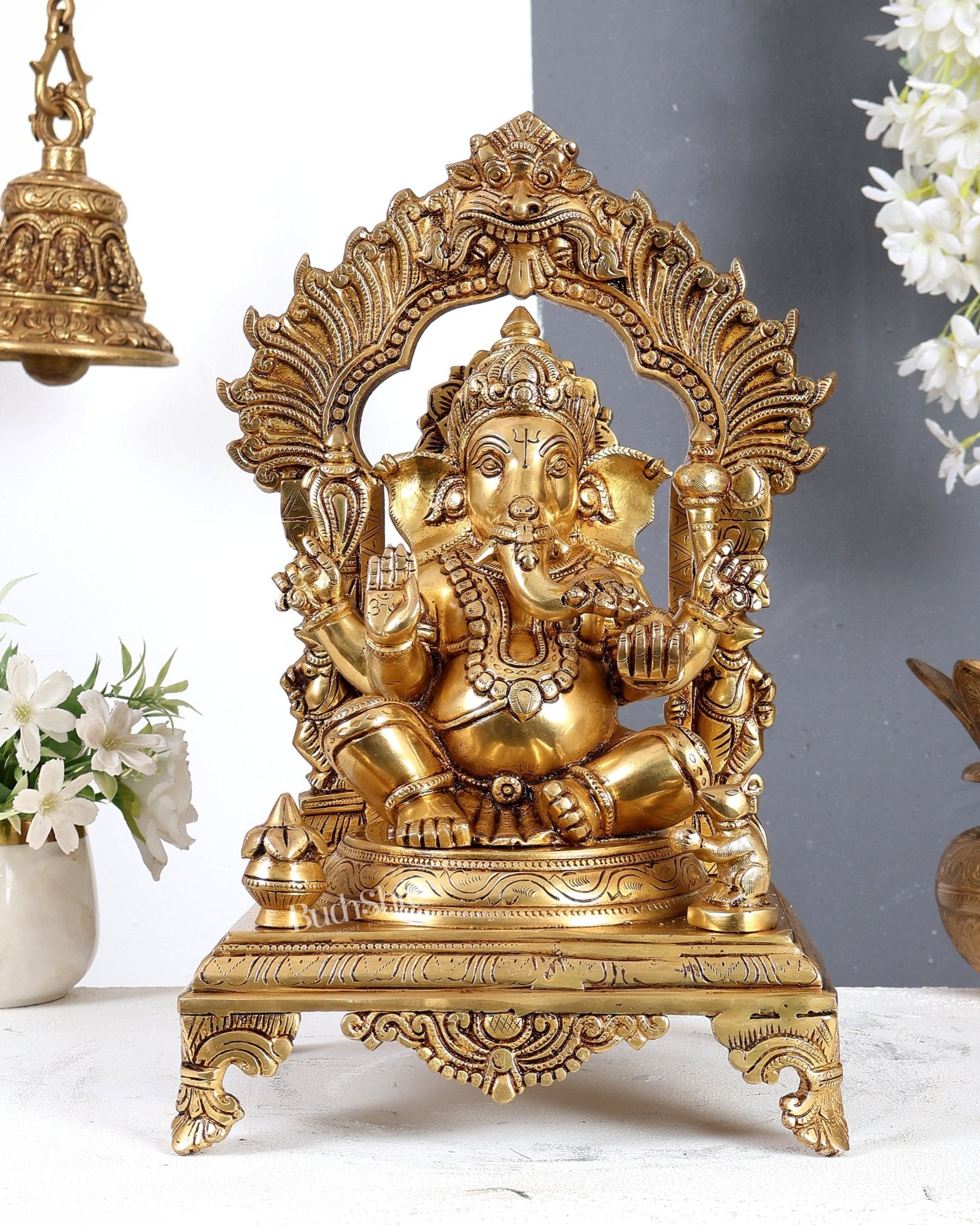 Brass Lakshmi Ganesha Saraswati Set with Prabhavali – Handcrafted Divine Temple Idol Set 14 inch - Budhshiv.com