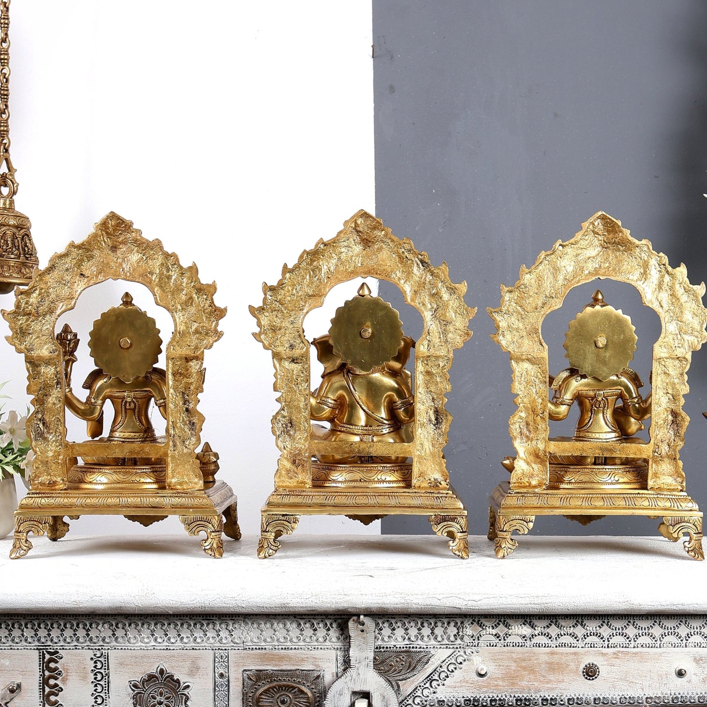 Brass Lakshmi Ganesha Saraswati Set with Prabhavali – Handcrafted Divine Temple Idol Set 14 inch - Budhshiv.com