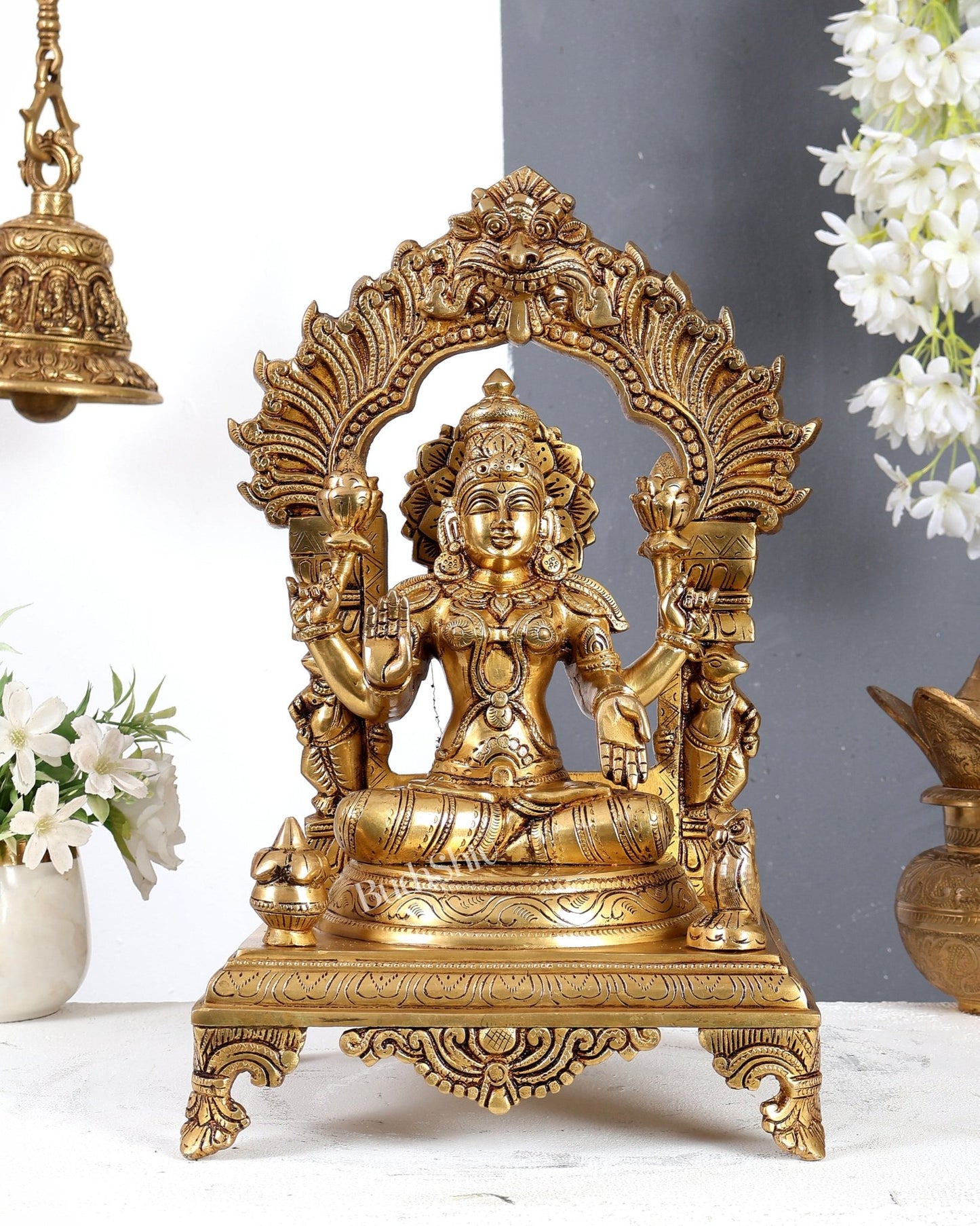 Brass Lakshmi Ganesha Saraswati Set with Prabhavali – Handcrafted Divine Temple Idol Set 14 inch - Budhshiv.com