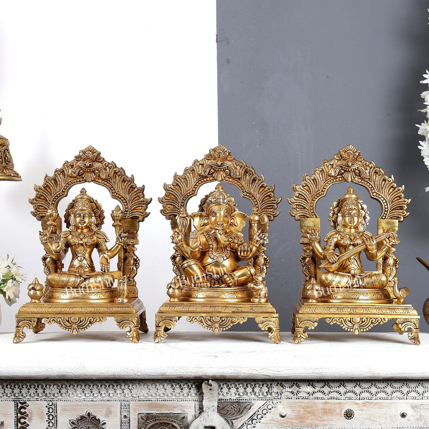 Brass Lakshmi Ganesha Saraswati Set with Prabhavali – Handcrafted Divine Temple Idol Set 14 inch - Budhshiv.com