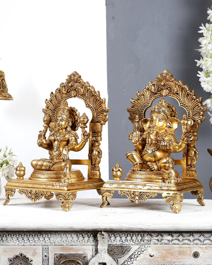 Brass Lakshmi Ganesha with Prabhavali Idol – Handcrafted Temple Sculpture 14 inch - Budhshiv.com