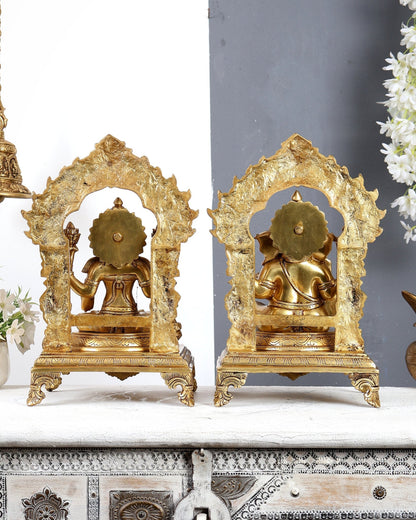 Brass Lakshmi Ganesha with Prabhavali Idol – Handcrafted Temple Sculpture 14 inch - Budhshiv.com