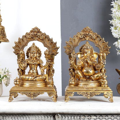 Brass Lakshmi Ganesha with Prabhavali Idol – Handcrafted Temple Sculpture 14 inch - Budhshiv.com