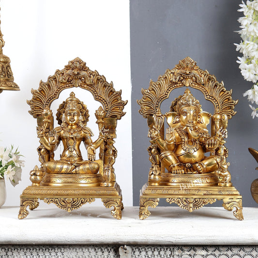 Brass Lakshmi Ganesha with Prabhavali Idol – Handcrafted Temple Sculpture 14 inch - Budhshiv.com