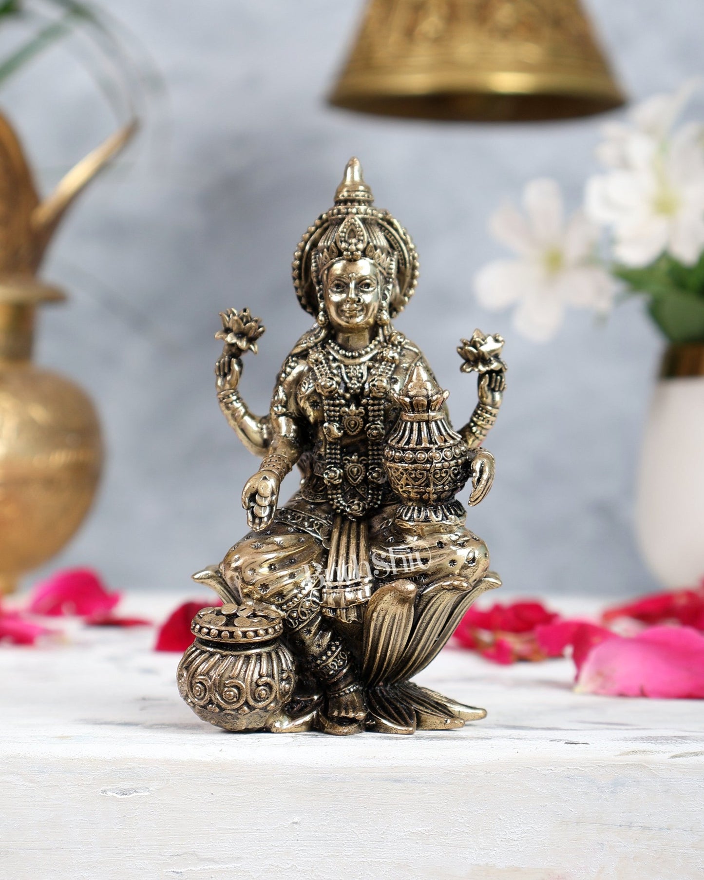 Brass Lakshmi Idol Seated on Lotus 4 inch - Budhshiv.com