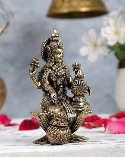 Brass Lakshmi Idol Seated on Lotus 4 inch - Budhshiv.com