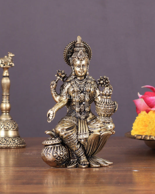 Brass Lakshmi Idol Seated on Lotus 4 inch - Budhshiv.com