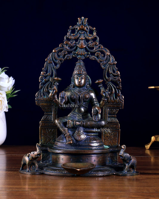 Brass Lakshmi idol with Attached Diya & Prabhavali - Budhshiv.com