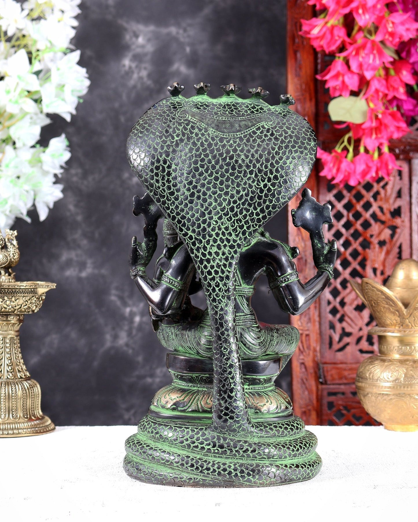 Brass Lakshmi Narasimha Swamy with Sheshanaag Peetha 12.5 inch Black and green - Budhshiv.com