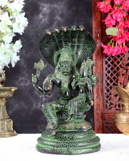 Brass Lakshmi Narasimha Swamy with Sheshanaag Peetha 12.5 inch Black and green - Budhshiv.com