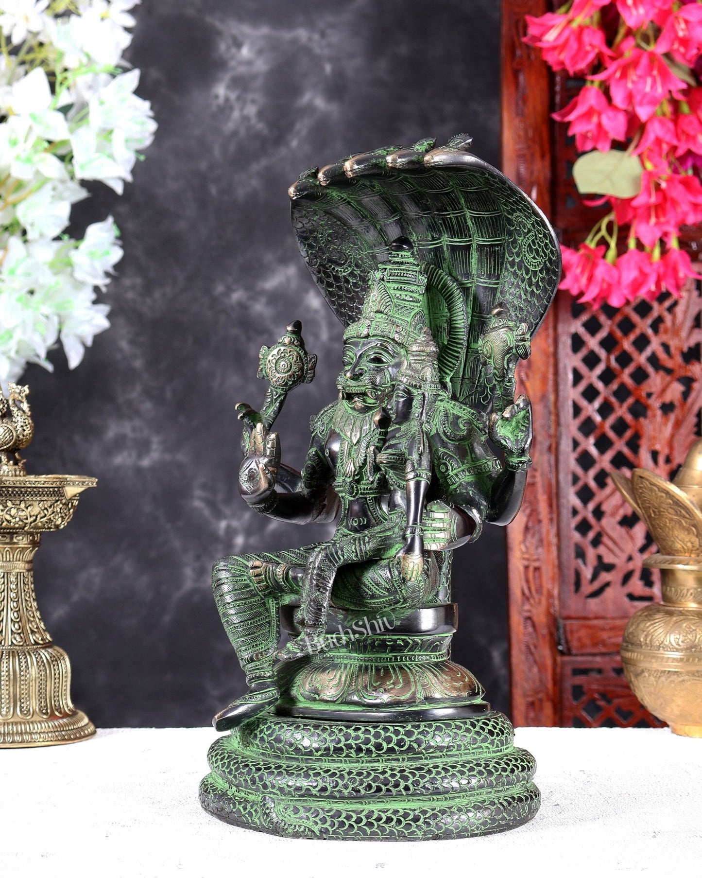Brass Lakshmi Narasimha Swamy with Sheshanaag Peetha 12.5 inch Black and green - Budhshiv.com