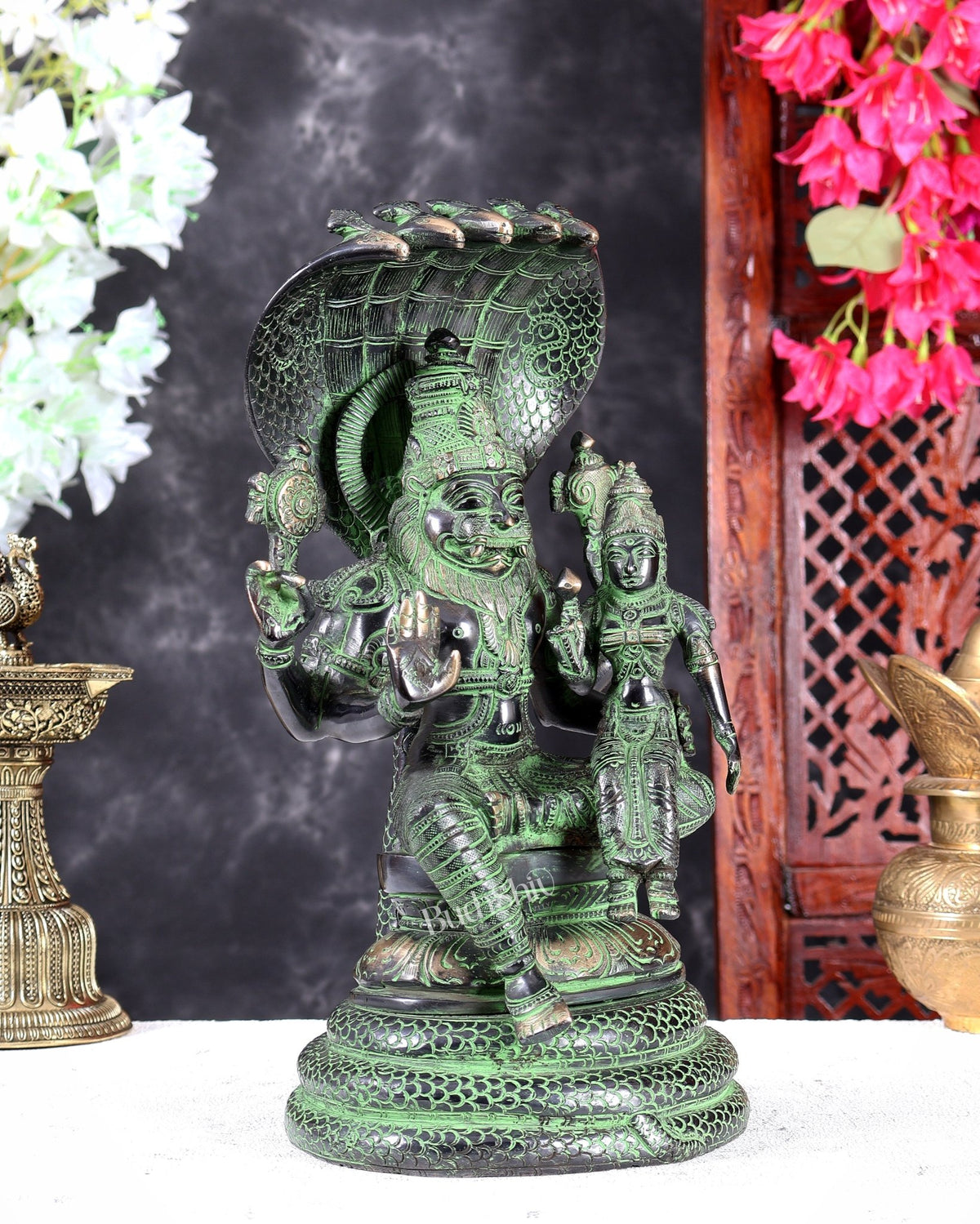 Brass Lakshmi Narasimha Swamy with Sheshanaag Peetha 12.5 inch Black and green - Budhshiv.com