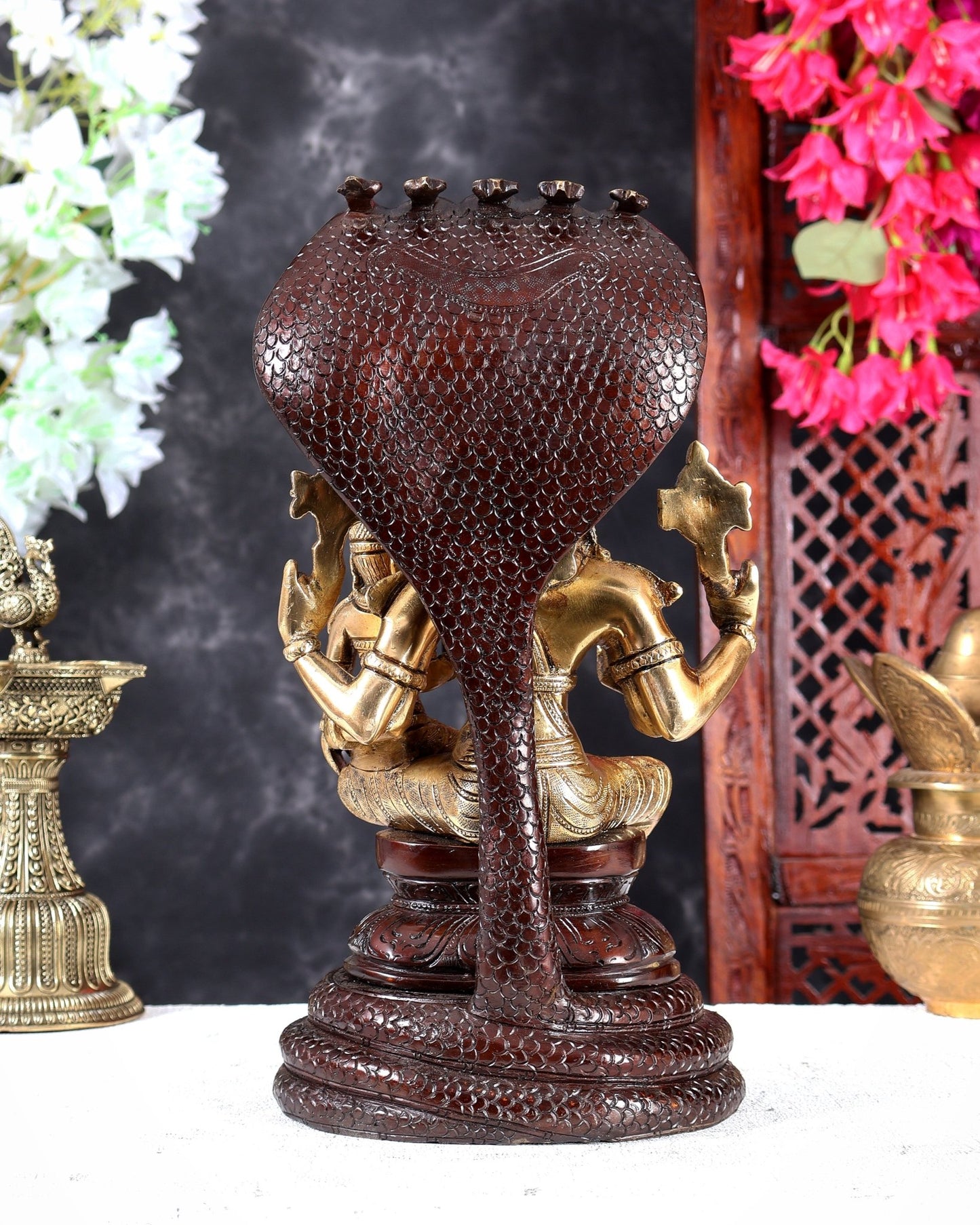 Brass Lakshmi Narasimha Swamy with Sheshanaag Peetha 12.5 inch dual tone - Budhshiv.com
