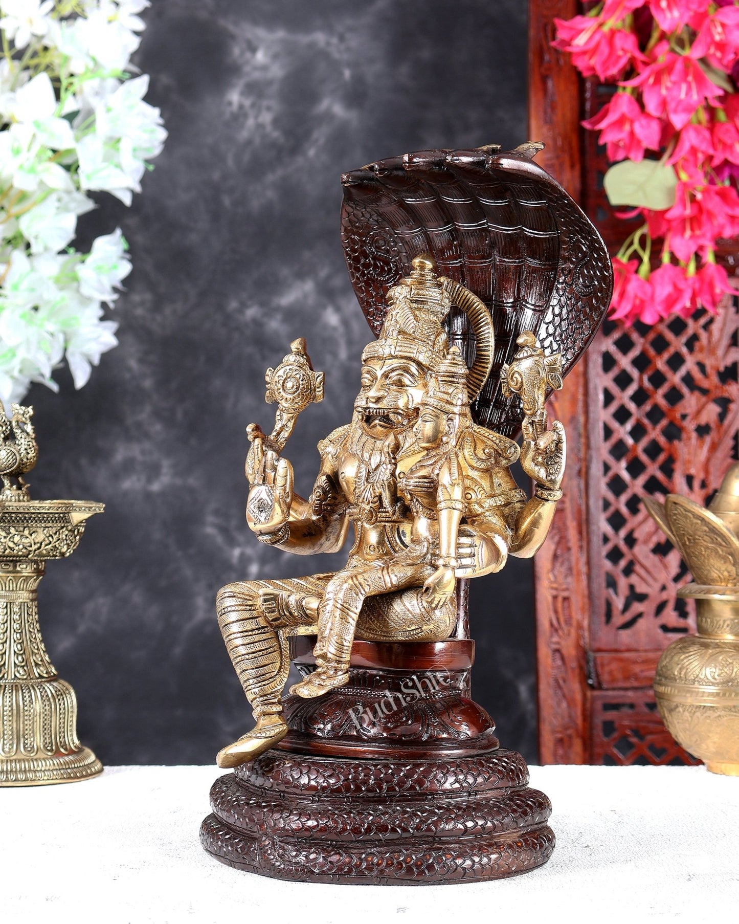 Brass Lakshmi Narasimha Swamy with Sheshanaag Peetha 12.5 inch dual tone - Budhshiv.com