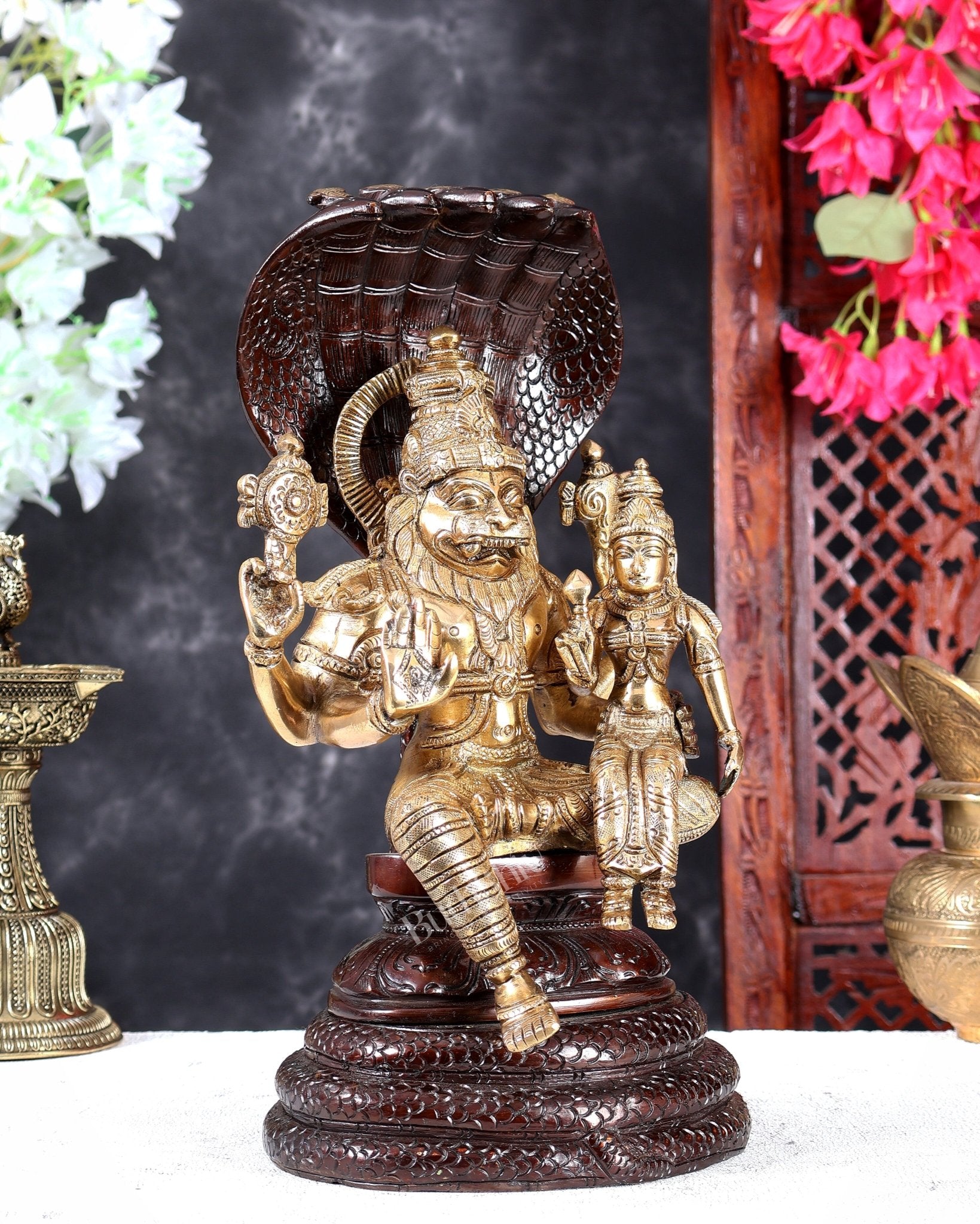 Brass Lakshmi Narasimha Swamy with Sheshanaag Peetha 12.5 inch dual tone - Budhshiv.com